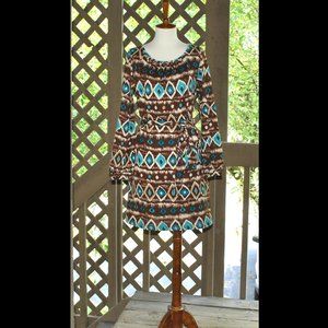 Auditions Dress Size Small Boho Geometric Long Sleeve Mini Dress w/ Belt